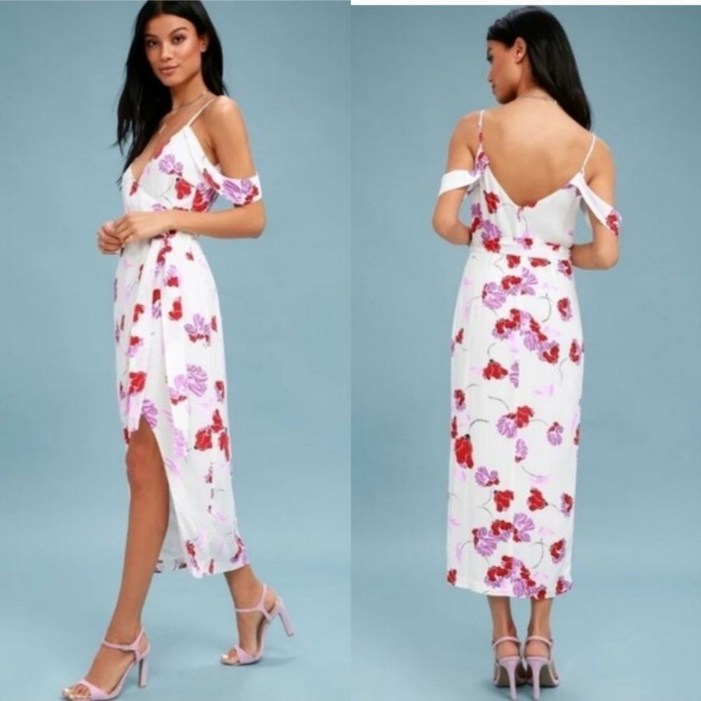Bardot Ruffle Faux Wrap Floral Cold Shoulder V-neckline spaghetti Straps Dress 4